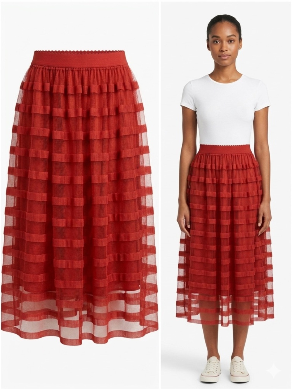 Tiered Crisp Orange Midi Tulle Skirt with Elastic Waist